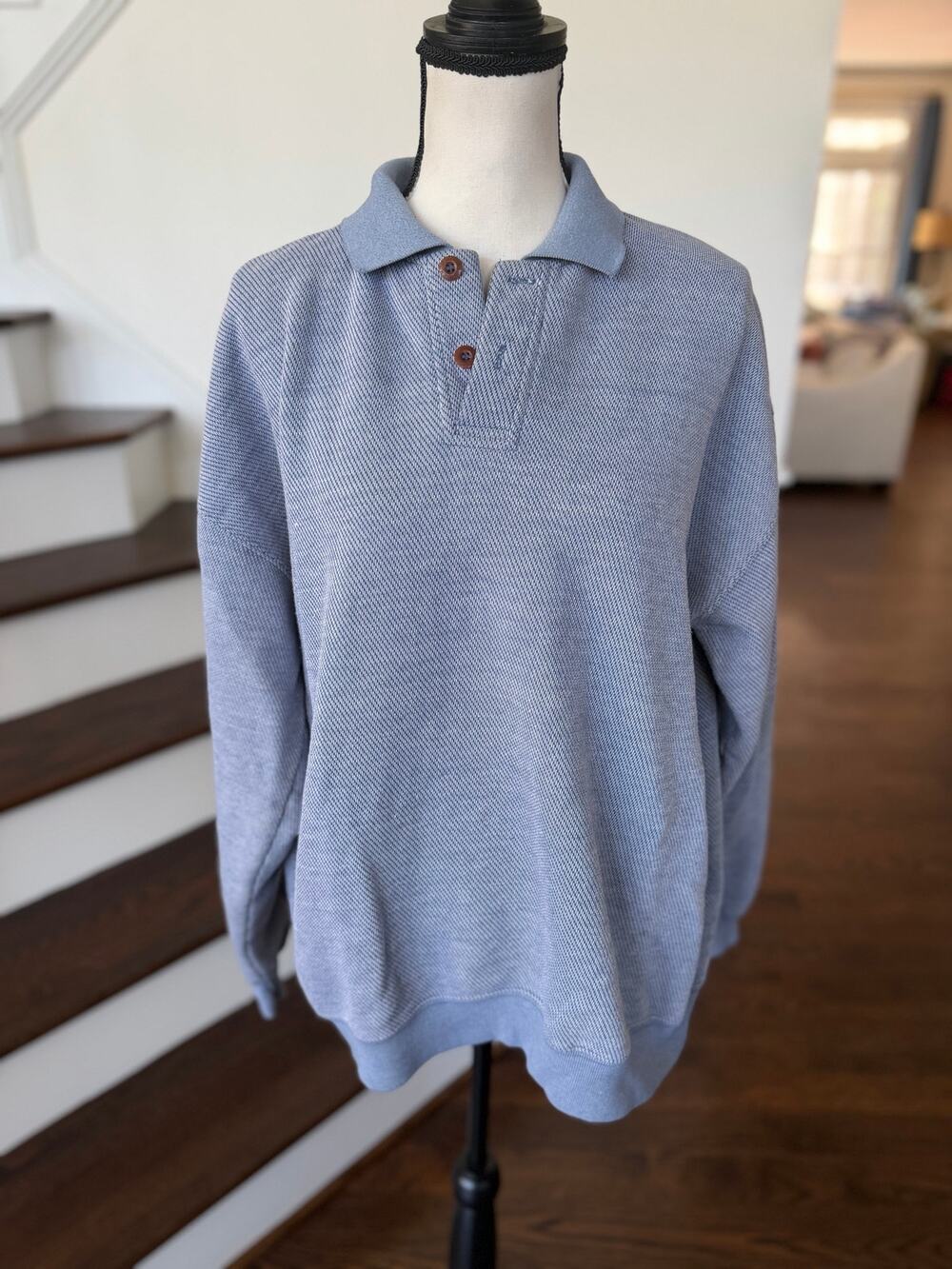 Orvis Marled Knit Blue Cotton Blend Elbow Patch Henley Sweater